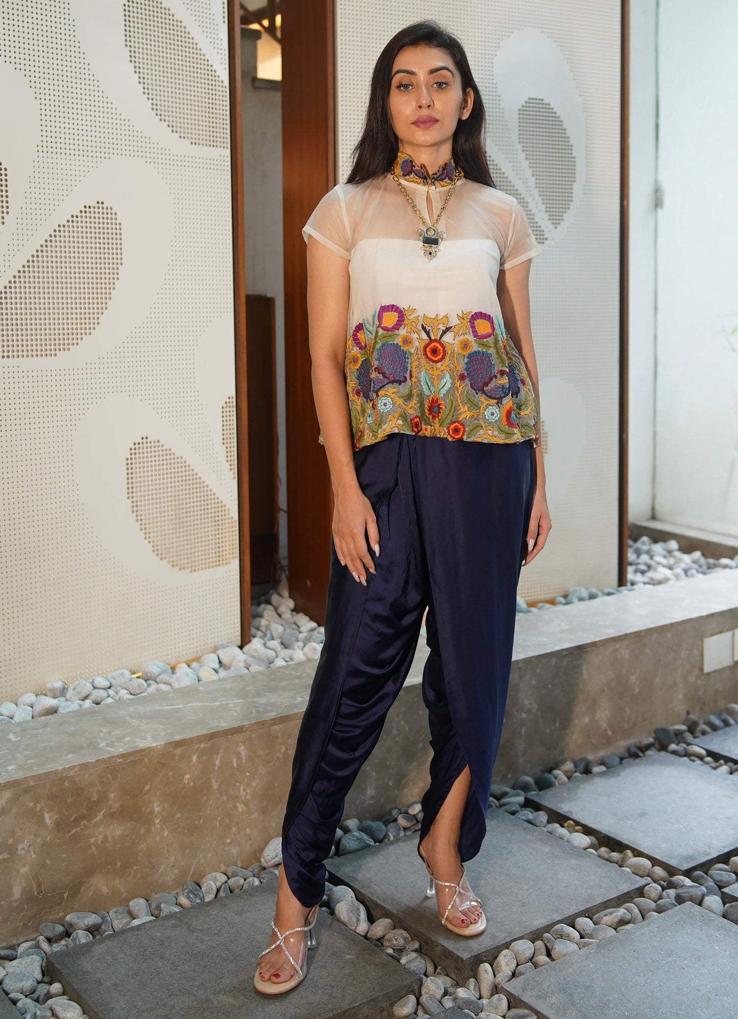 Rvalo White Organza Top And Blue Tulip Pants set