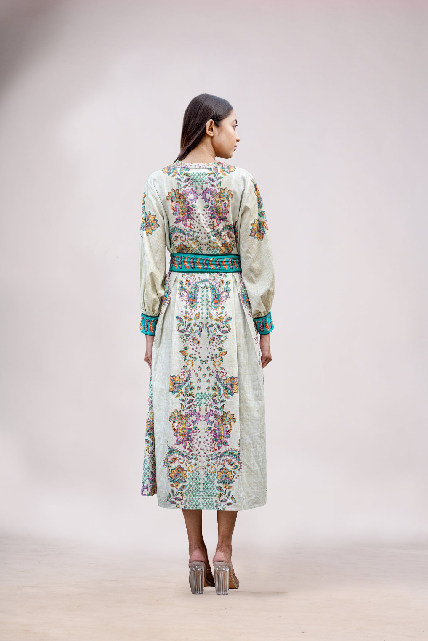 Boteh Puffed Sleeve Dress With Belt