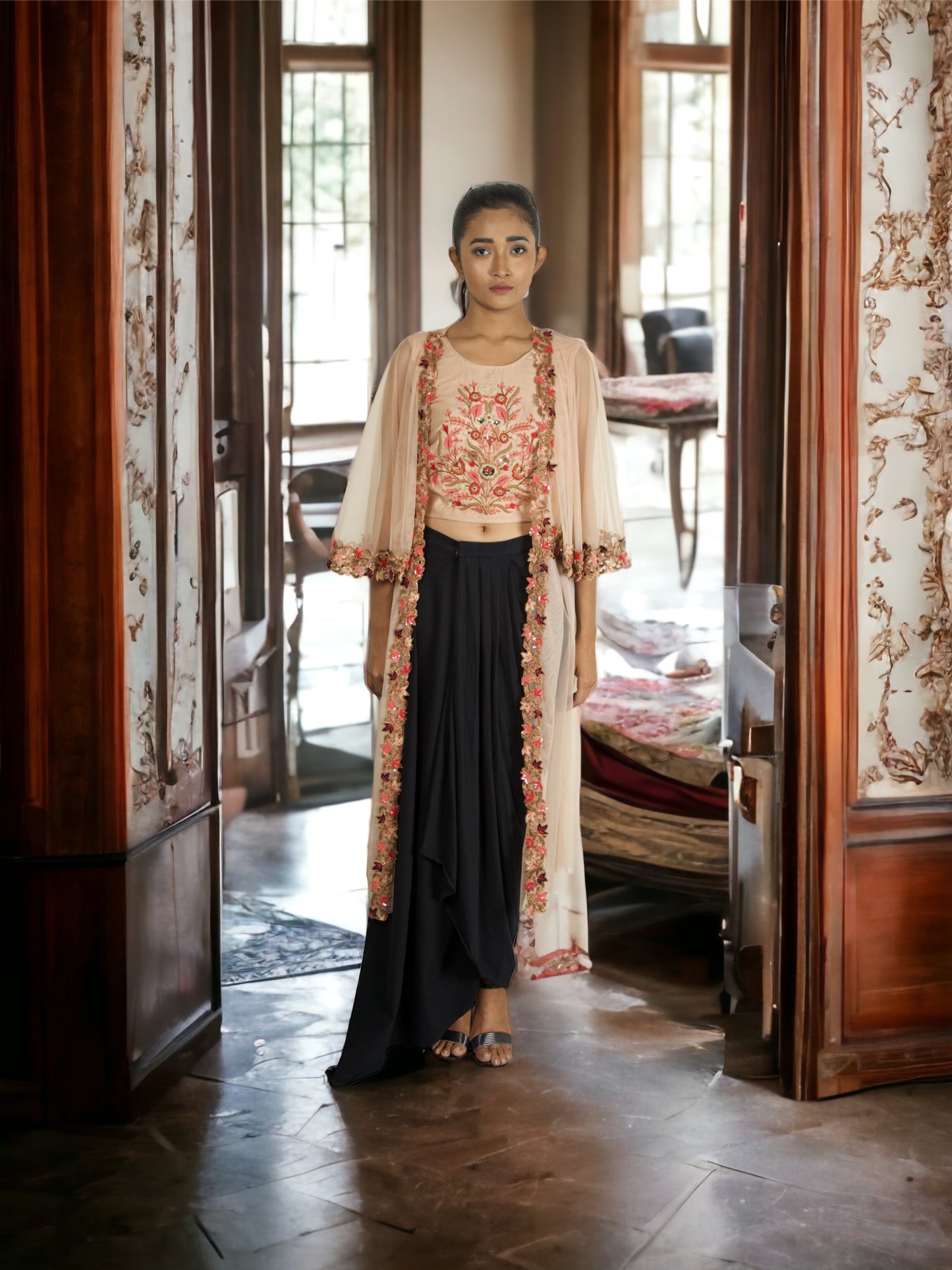 Rvalo Pink and black jacket, blouse and skirt set