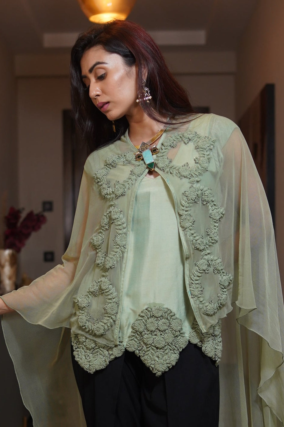 Rvalo green cape and black dhoti set