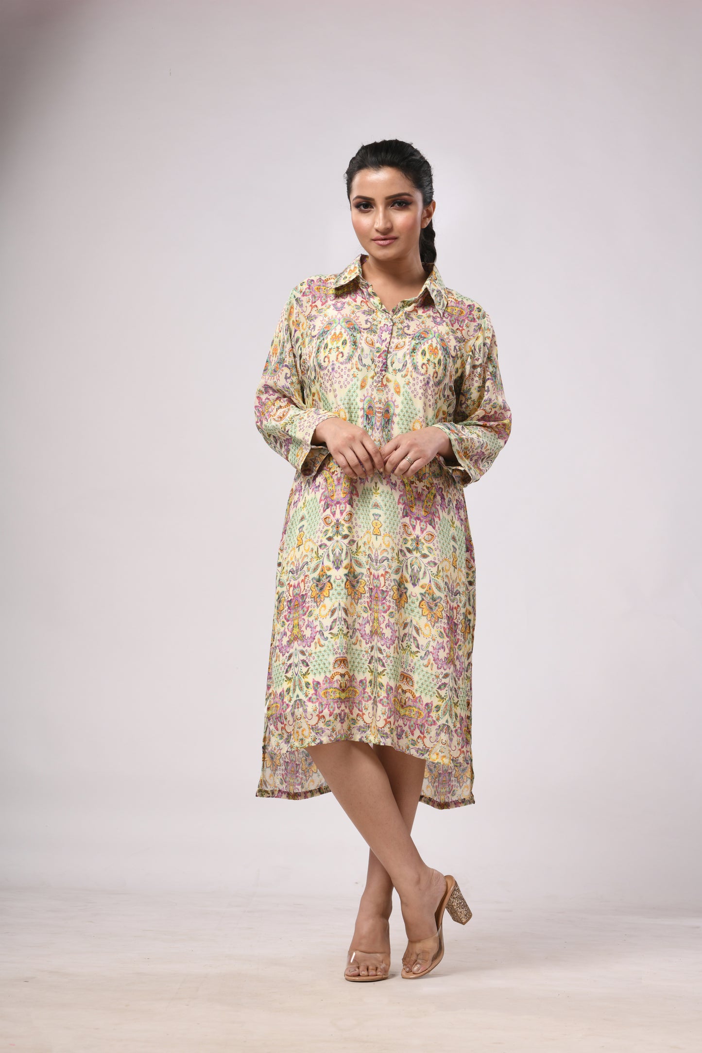 Boteh Mid-Length Dress with Pockets and Belt
