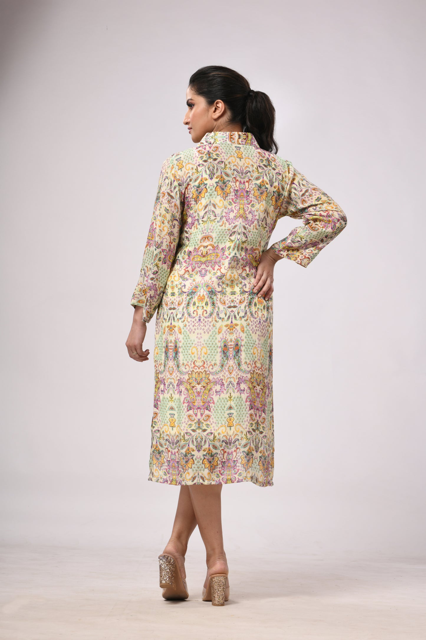 Boteh Mid-Length Dress with Pockets and Belt