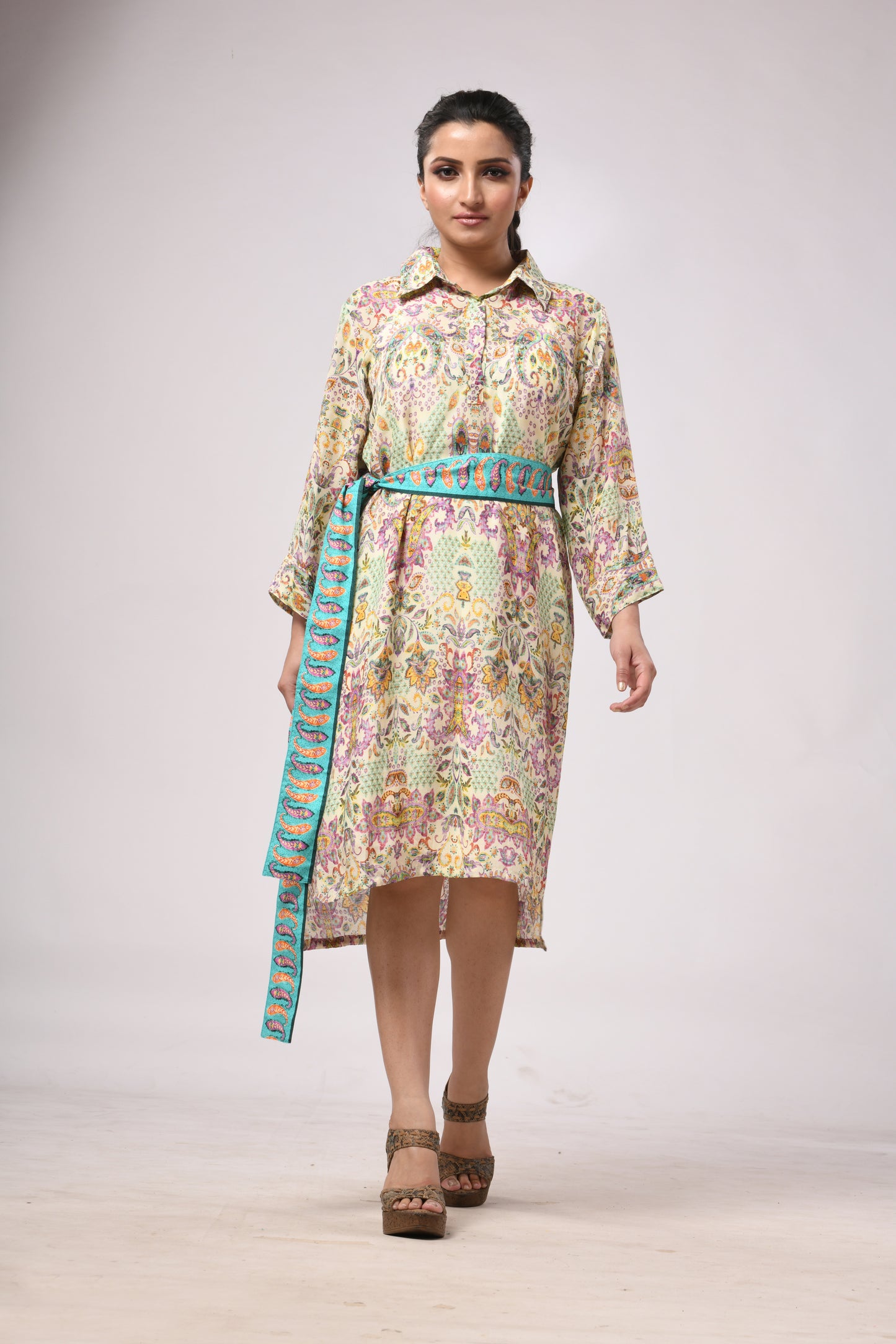 Boteh Mid-Length Dress with Pockets and Belt