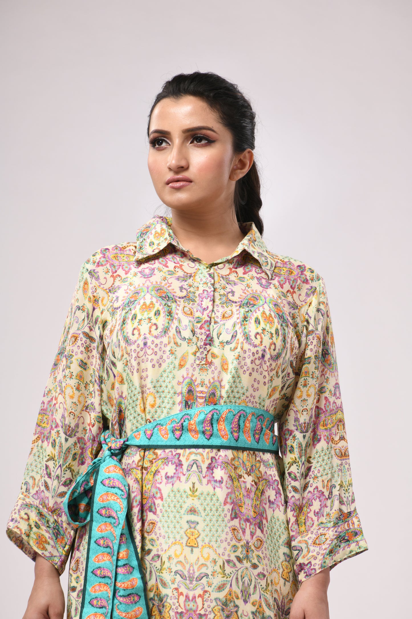 Boteh Mid-Length Dress with Pockets and Belt
