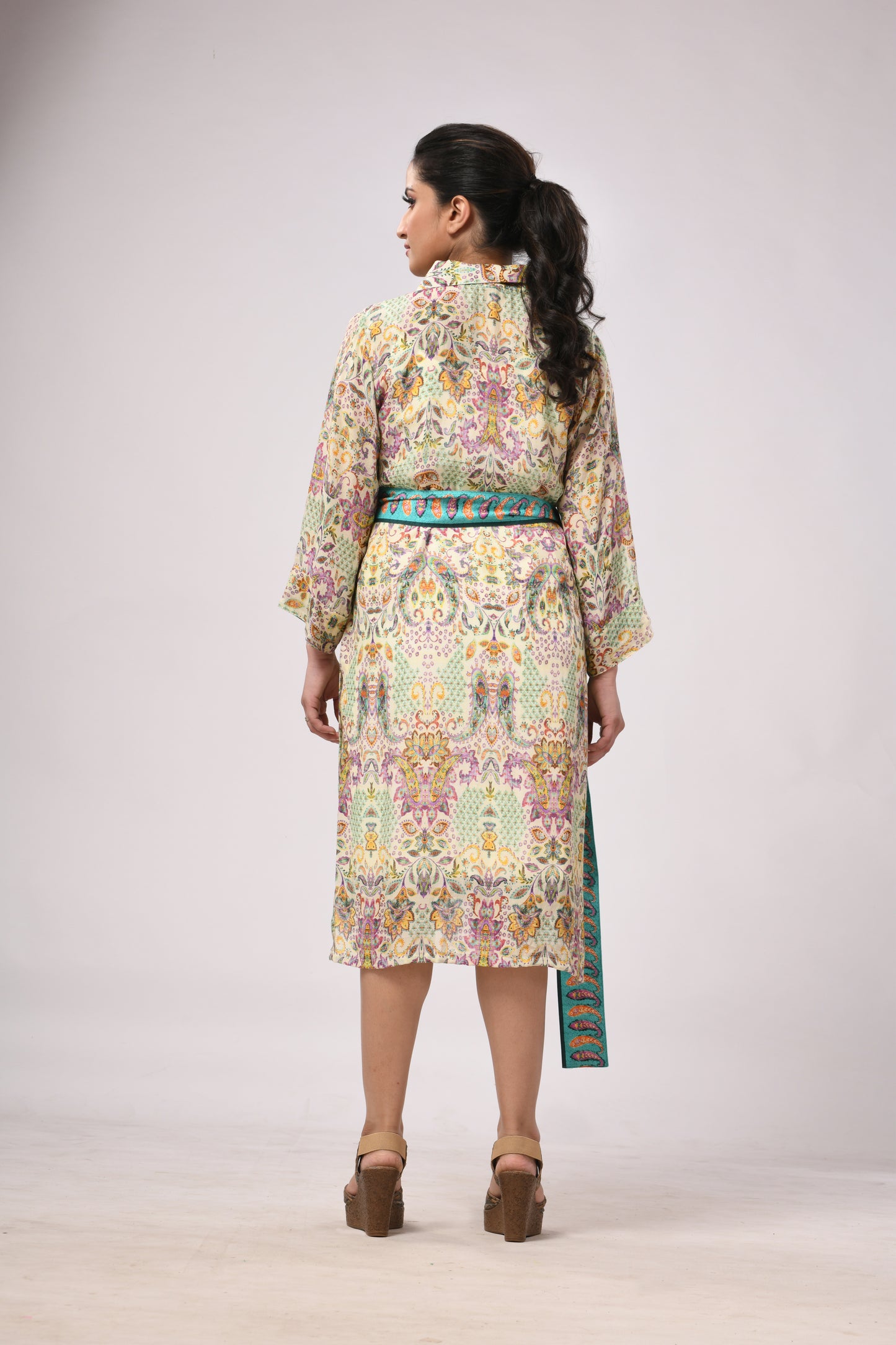 Boteh Mid-Length Dress with Pockets and Belt