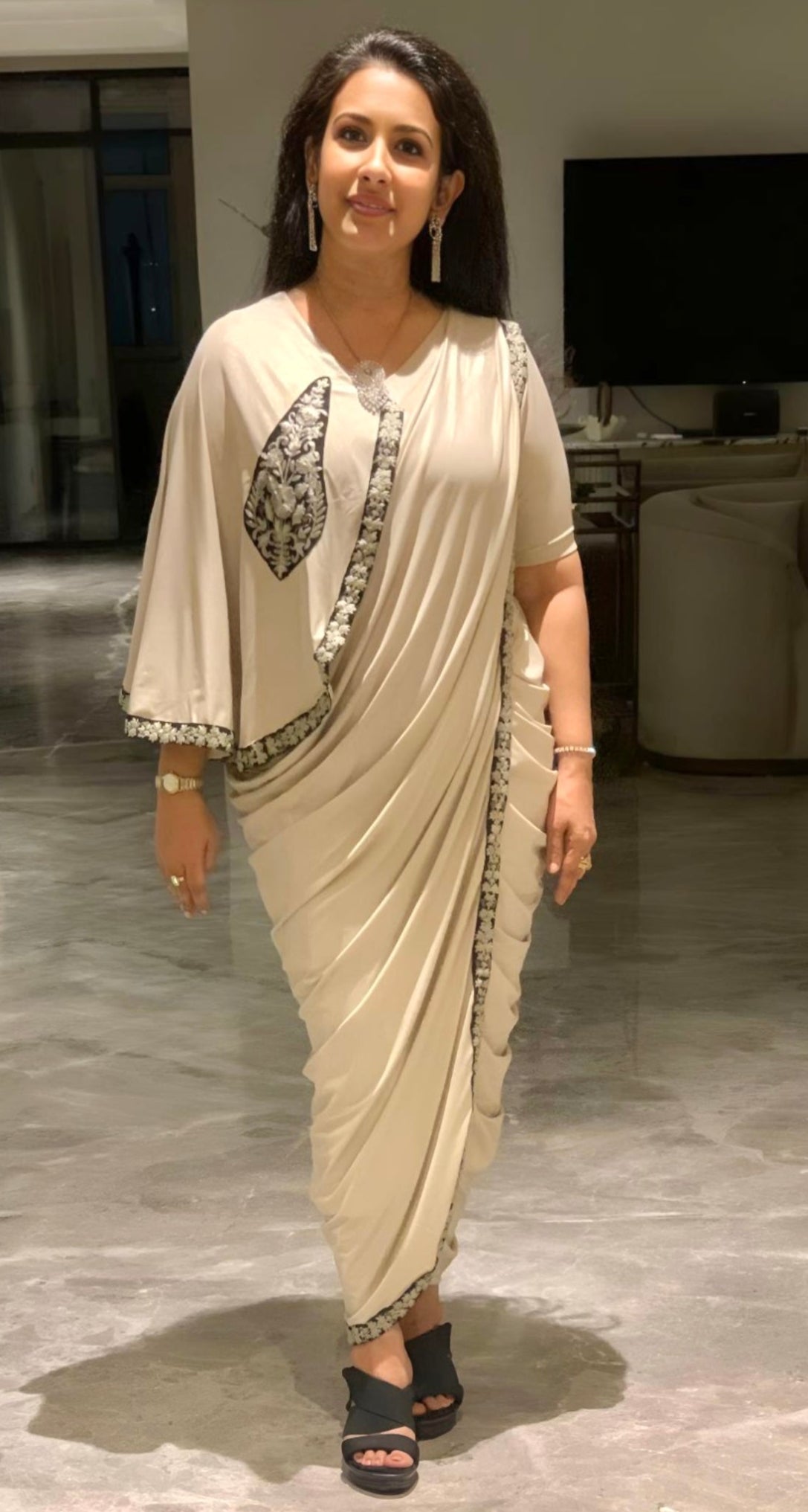Rvalo Golden Drape Dress