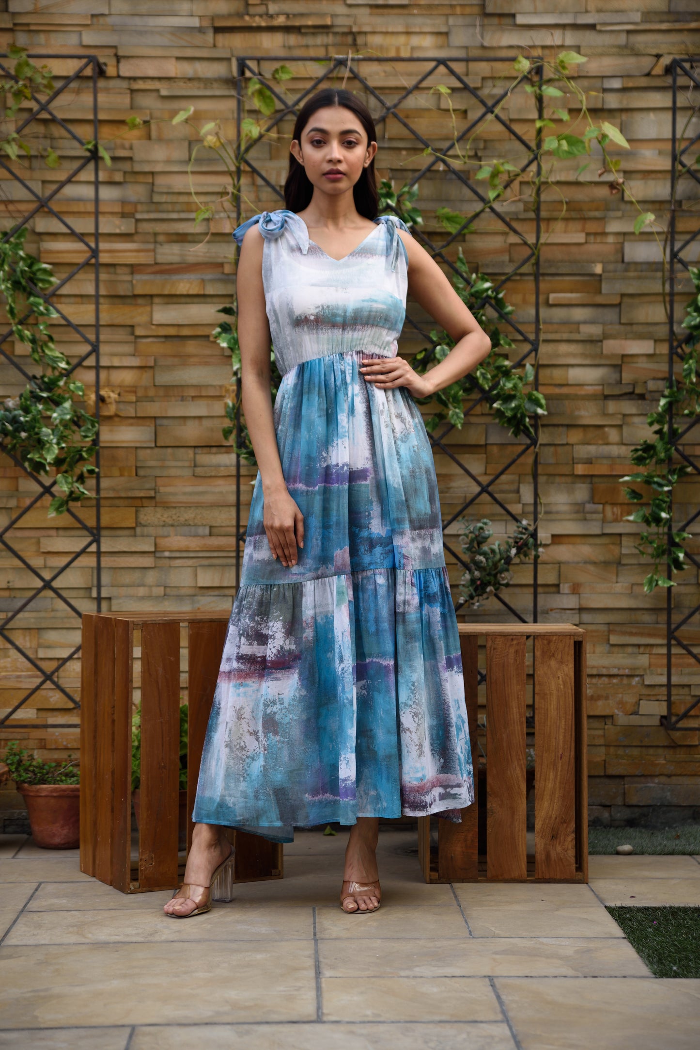 Riviera-Shoulder Knotted Tiered Dress
