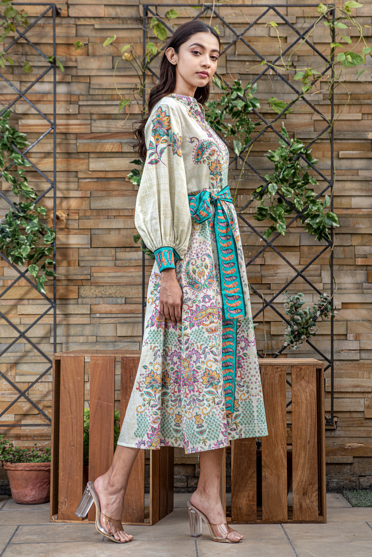 Boteh Puffed Sleeve Dress With Belt