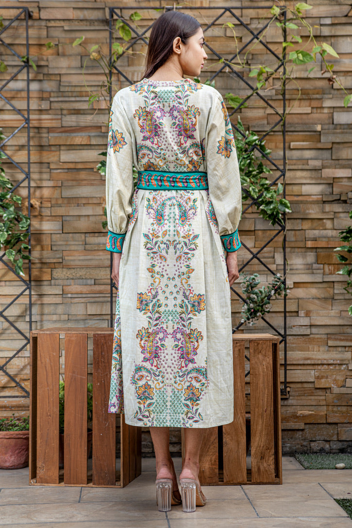 Boteh Puffed Sleeve Dress With Belt