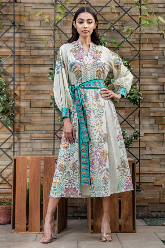 Boteh Puffed Sleeve Dress With Belt