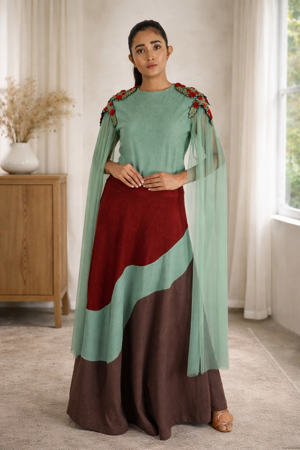 EMERALD TOP WITH FLOWY TOP AND VELVET SKIRT