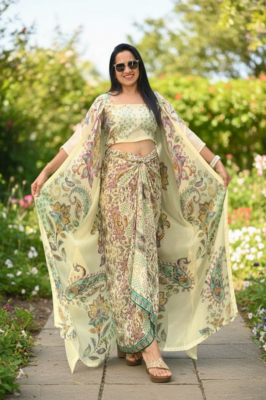 Boteh Drape skirt , top and flowy jacket